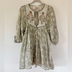 Daughters Of India Diya Mini Dress Green Floral Block Print Women’s Size XS